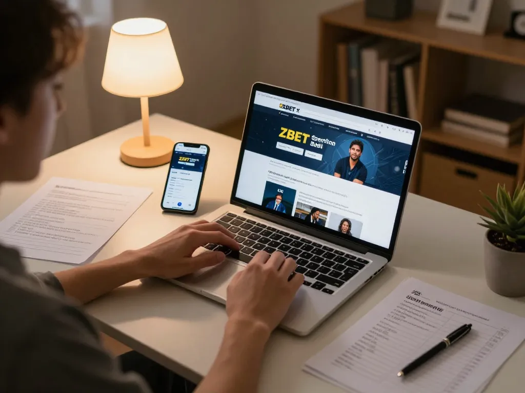 ZBET user engaging with sports betting on laptop while strategizing in a cozy home office