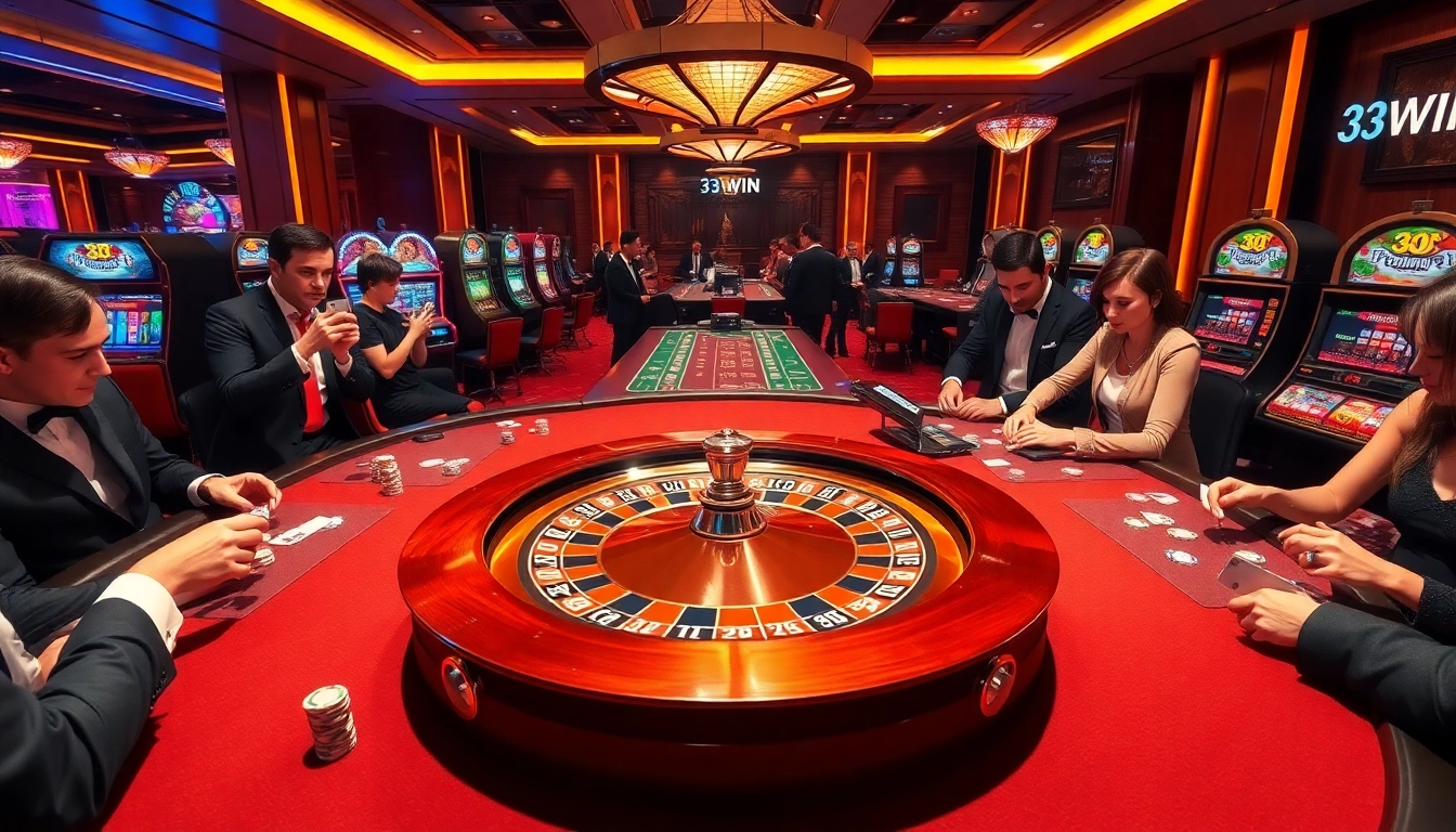 Players enjoying high-stakes games at a vibrant casino featuring 33WIN gambling elements.