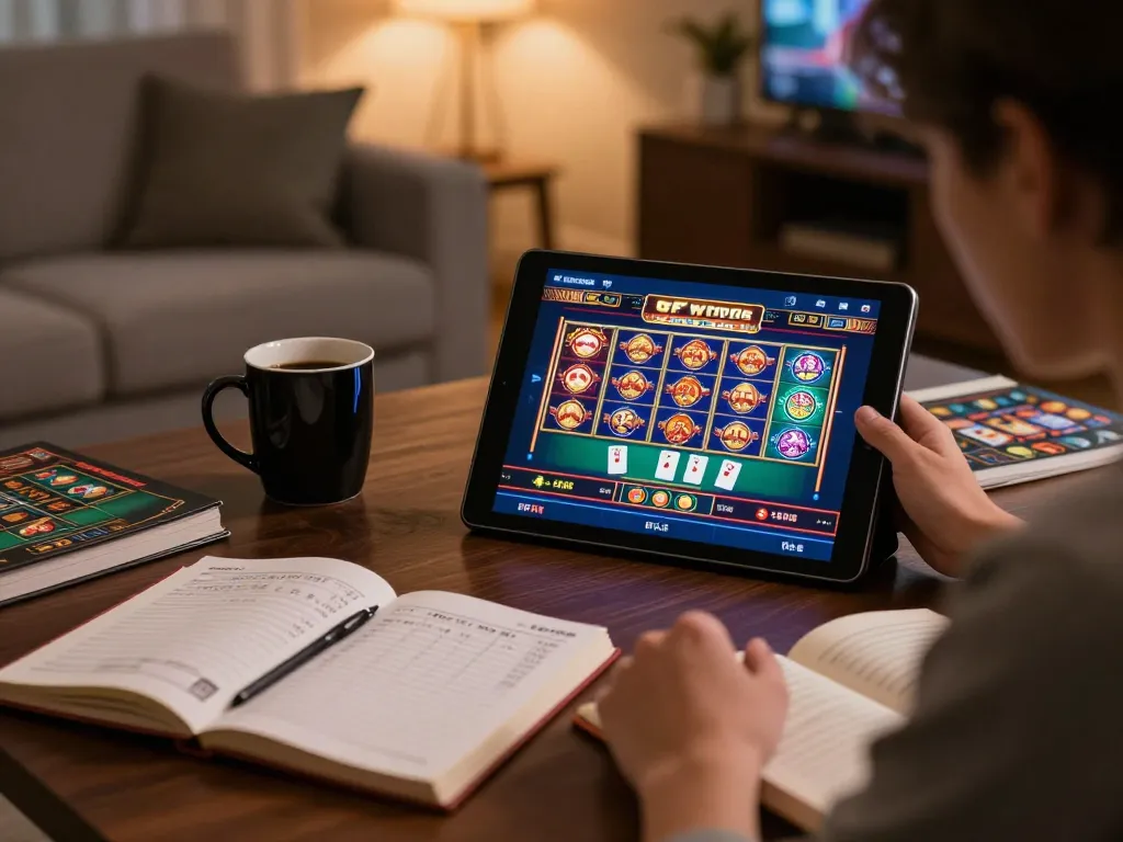 Player engaging in online gambling on kkwin2 with vibrant slots displayed, showcasing strategic gameplay in a cozy setting.
