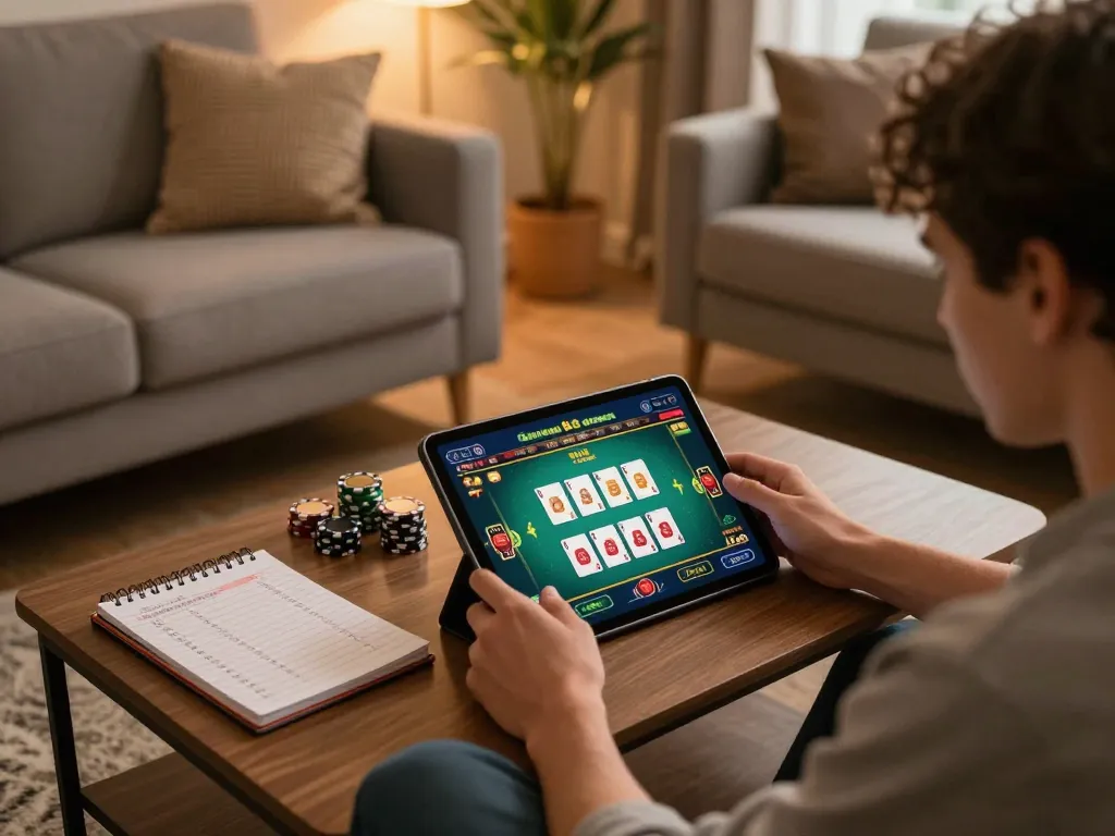 Player engaging with game bai doi thuong on a tablet in a cozy home setting, capturing strategic gameplay.