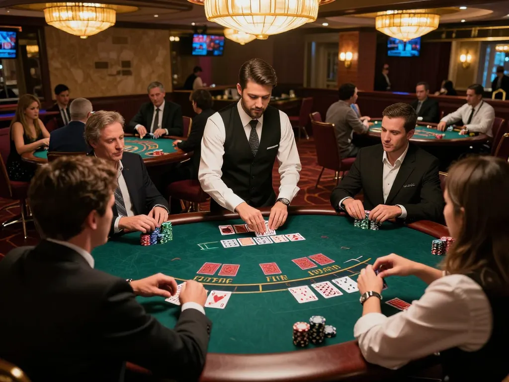 Engaging scene of players at a blackjack table, showcasing the excitement and strategy of tải hitclub gaming.