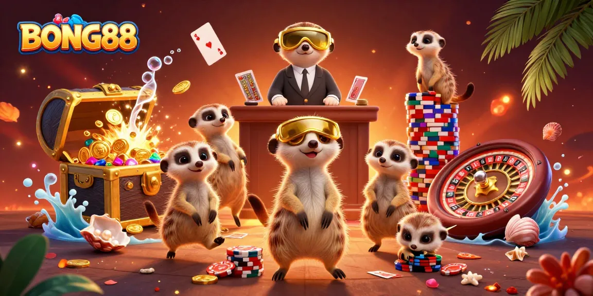 BONG88 casino meerkats showcasing thrilling gameplay at an elaborate gaming venue.