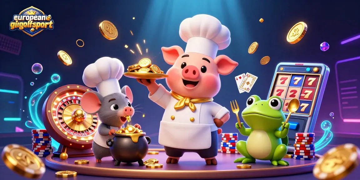 Experience the thrill of gambling with europeanminigolfsport featuring a chef pig and golden coins.