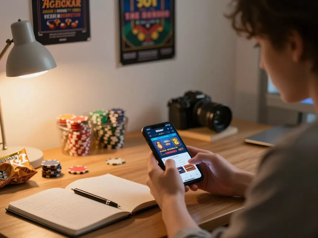 Player enjoying the 8day casino app on a smartphone during a cozy gaming session at home