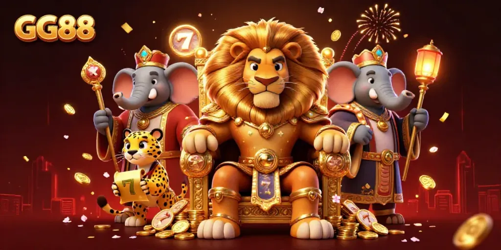 Experience the thrilling world of GG88 with a fierce lion king, lucky charms, and vibrant casino elements.