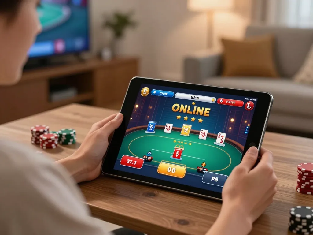 Player engaging in online poker at nk88 com with cozy home setup and warm lighting.
