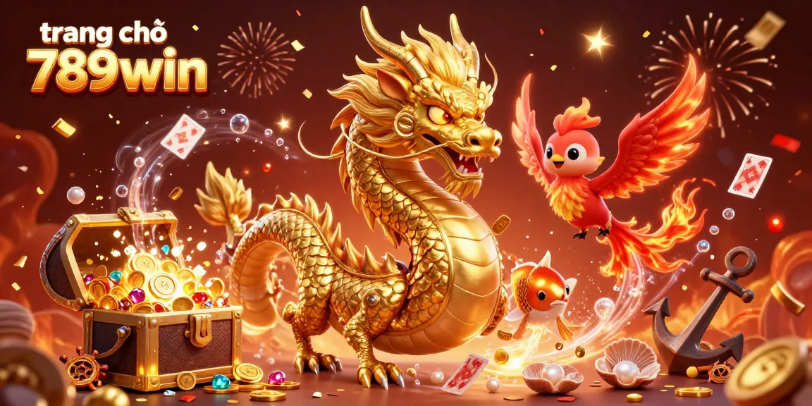 Engage with the vibrant energy of trang chủ 789win featuring a golden dragon, phoenix, and koi fish amidst a treasure-filled background.
