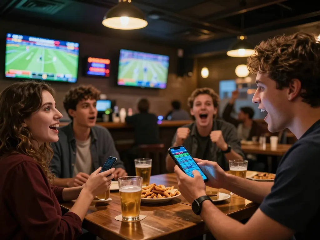 Excited sports bettors engaging with the lucky88a app during live games, showcasing vibrant betting atmosphere.