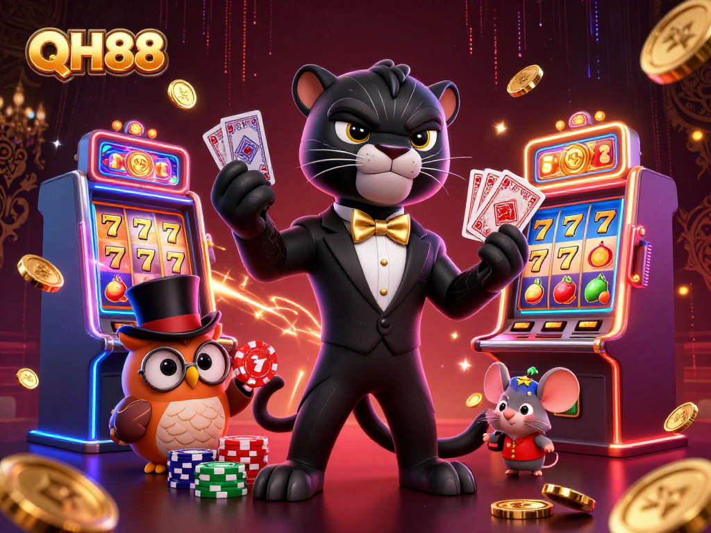 Engage with QH88's vibrant slot gaming scene featuring stylish characters and dynamic casino elements.
