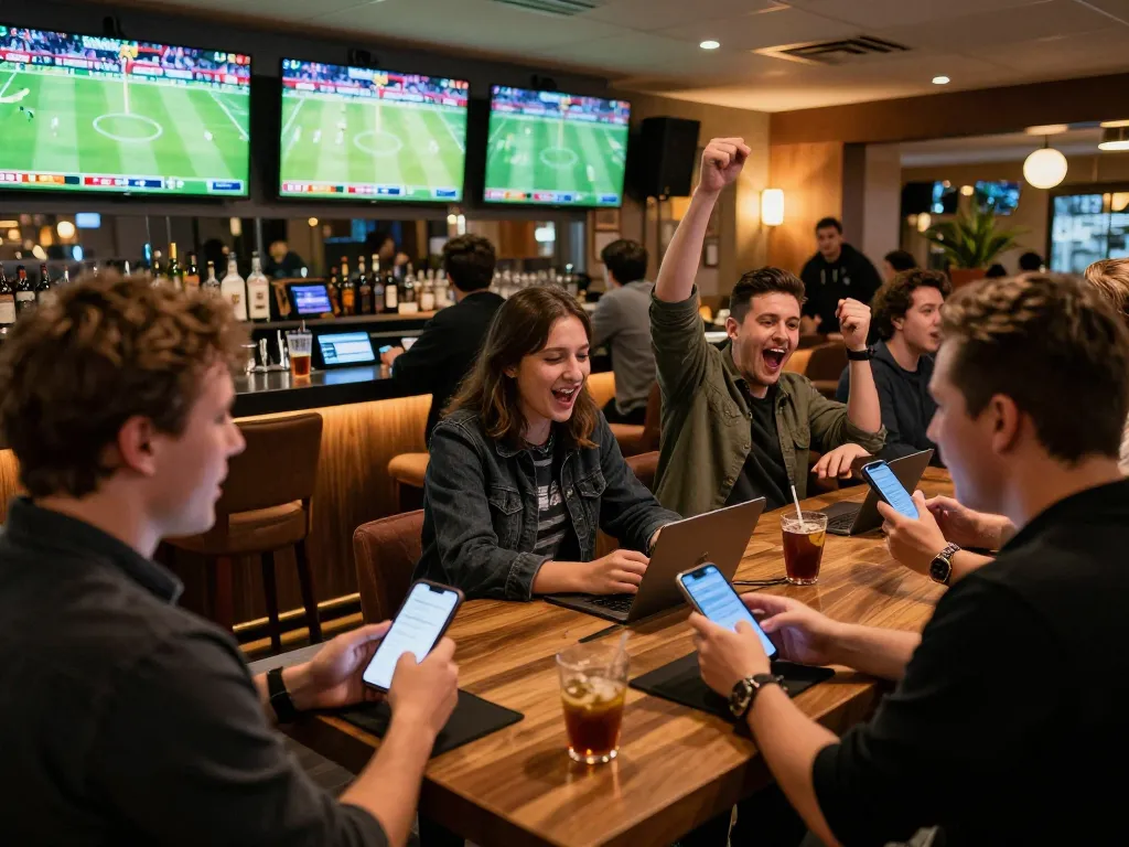 Win88 sports enthusiasts placing bets in a lively betting lounge with screens showing games