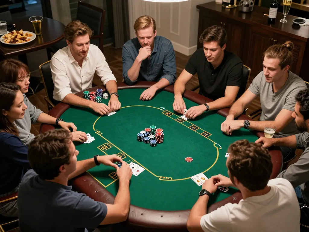 Players immersed in a friendly poker game at home, showcasing xin88 uy tín in social gaming experiences with excitement and strategy.