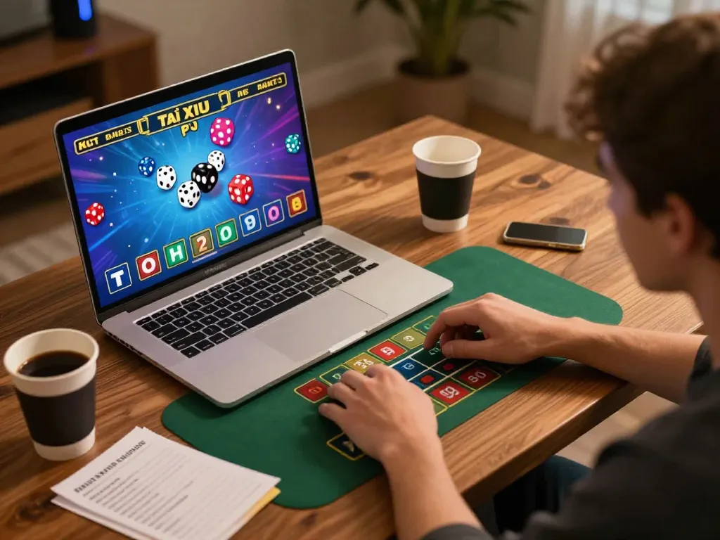 Engaging online Tài Xỉu gaming session with taixiuonlinego visible on laptop screen, showcasing dice action and immersive experience.