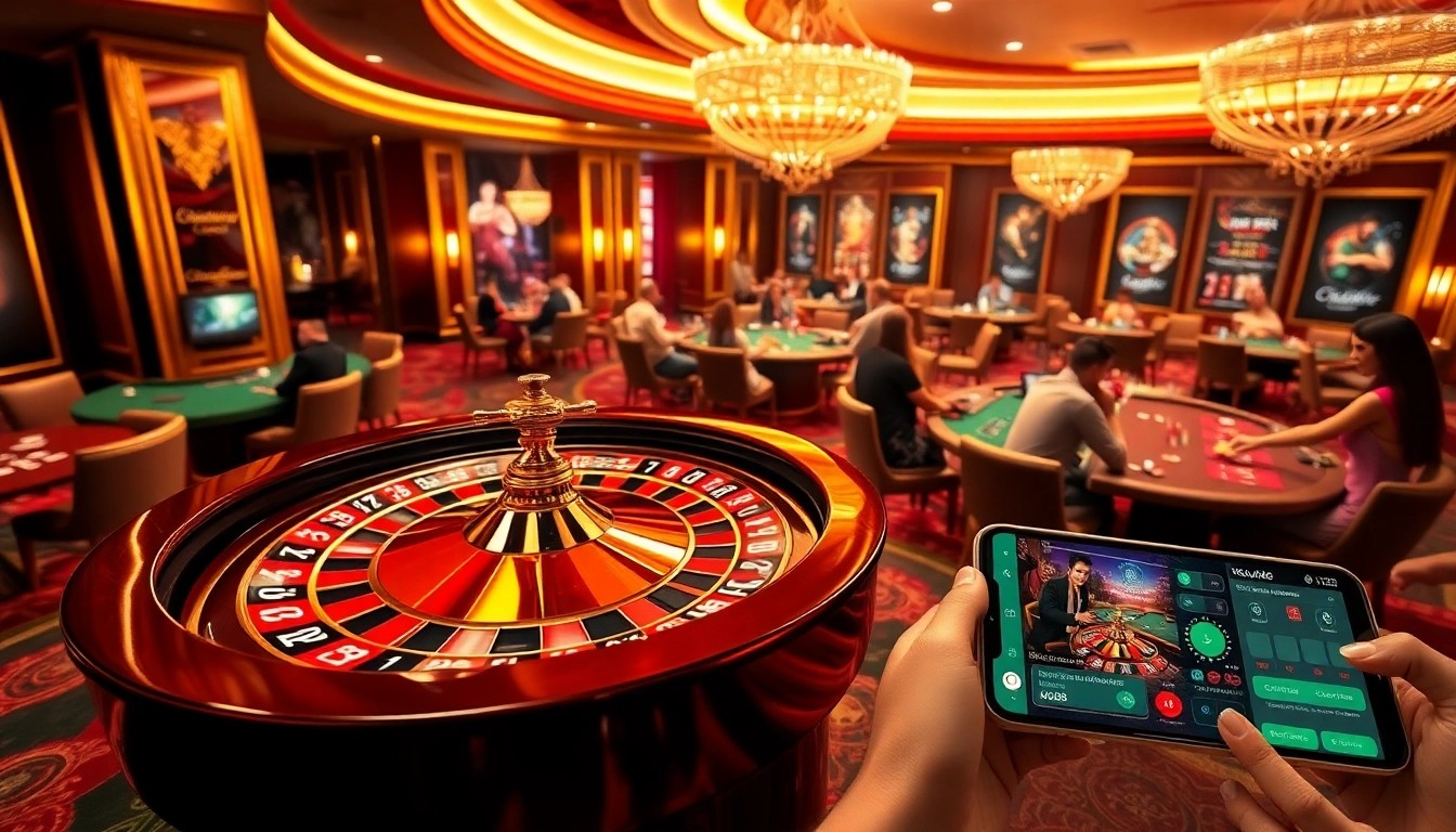 Players enjoying engaging games at nk88 casino, showcasing roulette and card tables.
