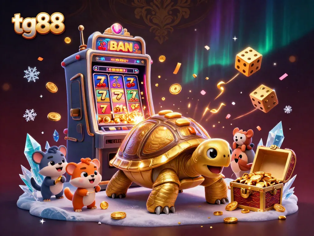 Experience excitement with tg88 in a vibrant casino scene featuring a golden tortoise pinball and jackpot slots.