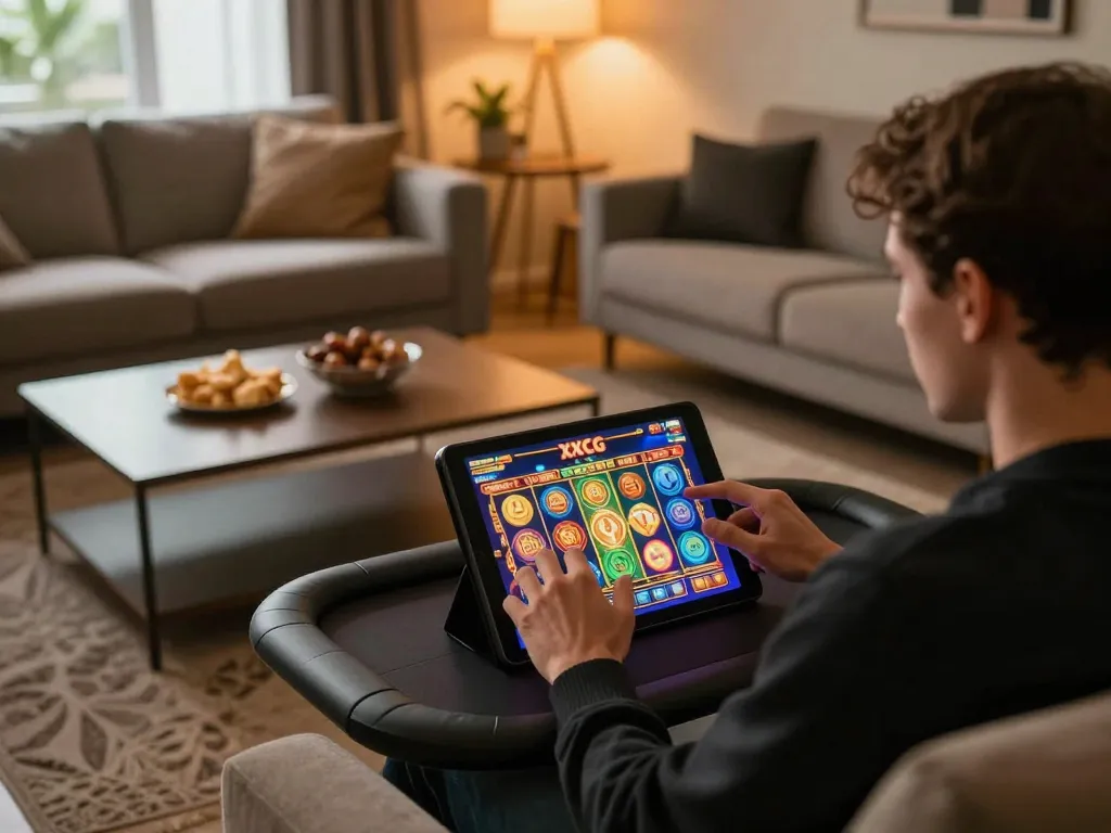 Participant enjoying online gaming at XXGG on a tablet while seated comfortably at home.