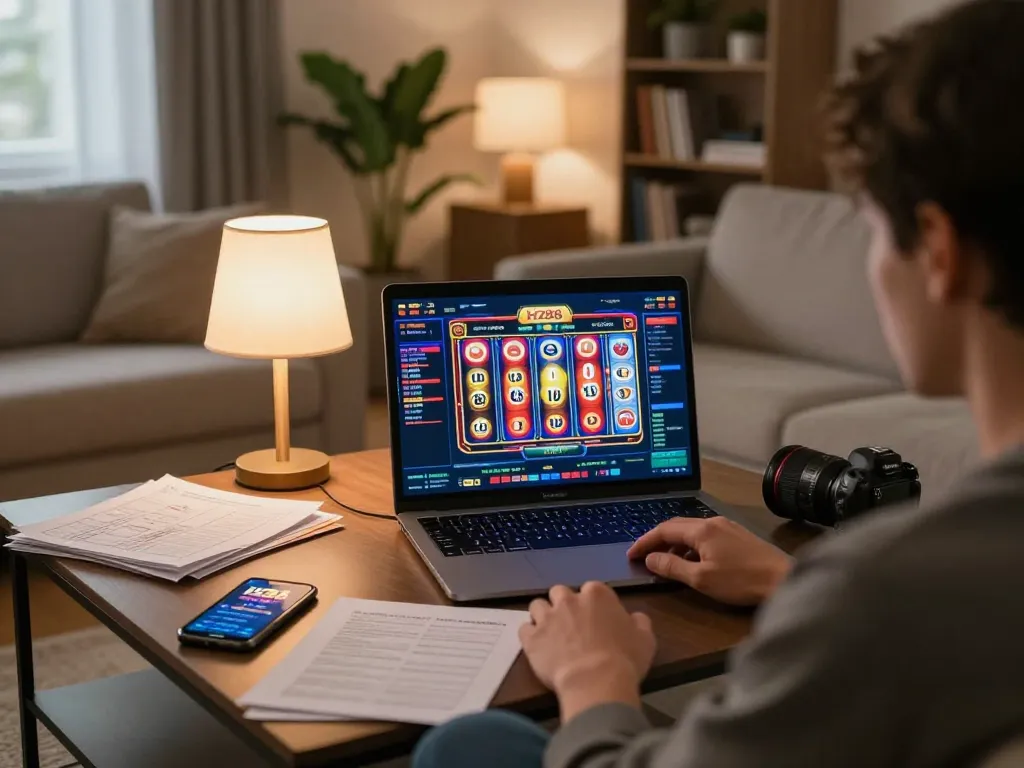 Engaging with HZ88 online casino games on a laptop, showcasing a strategic gaming atmosphere