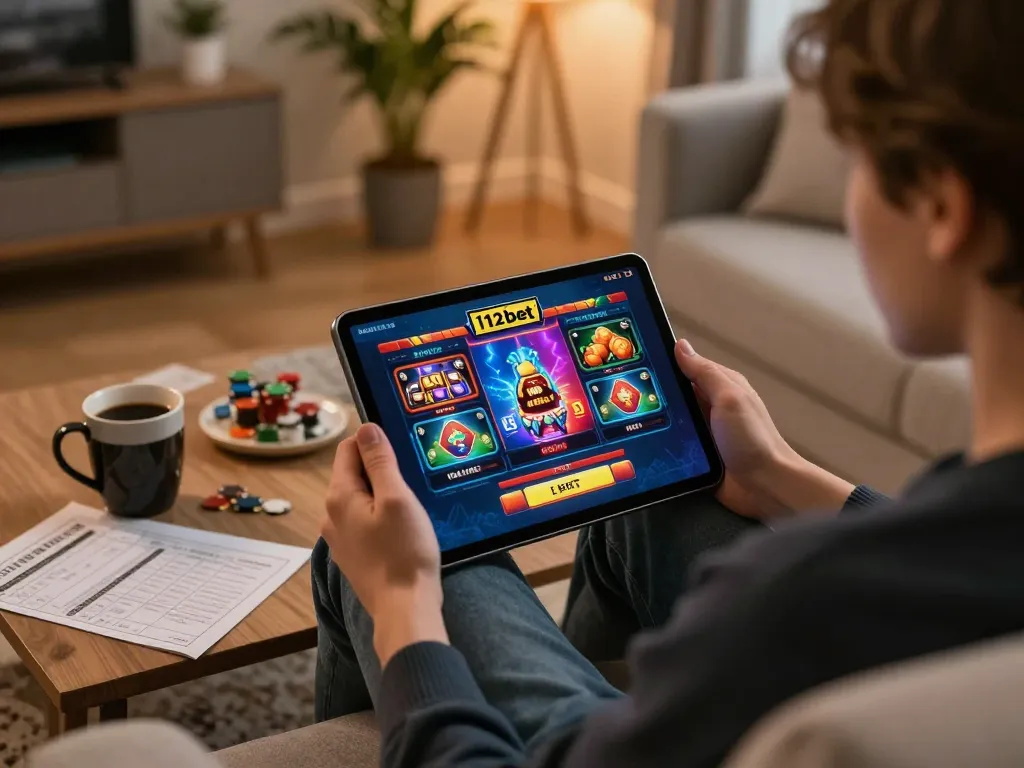 Player engaging with 12bet casino app, showcasing vibrant graphics and home gaming setup.