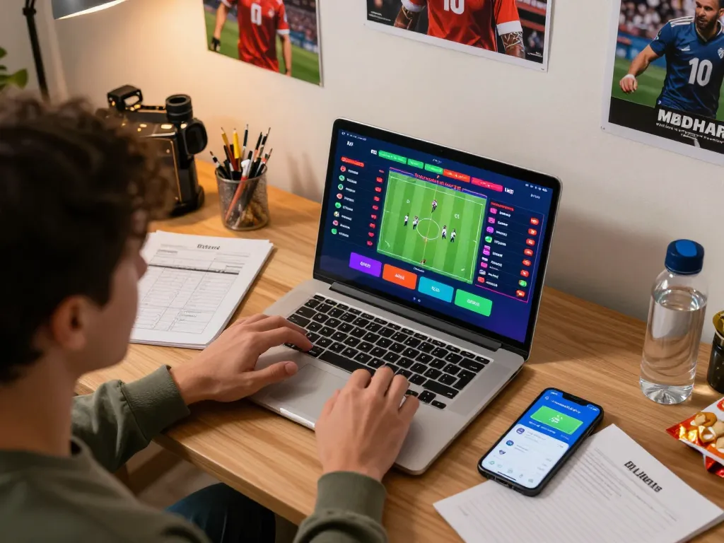Engaging online sports betting session with 79KINH displayed on laptop and smartphone in cozy home office