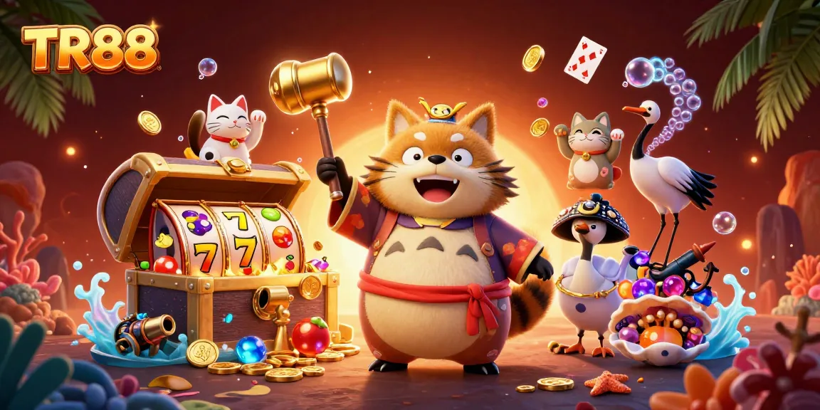 Engage with TR88's exciting casino world influenced by a friendly tanuki and a lucky crane amidst colorful treasures.