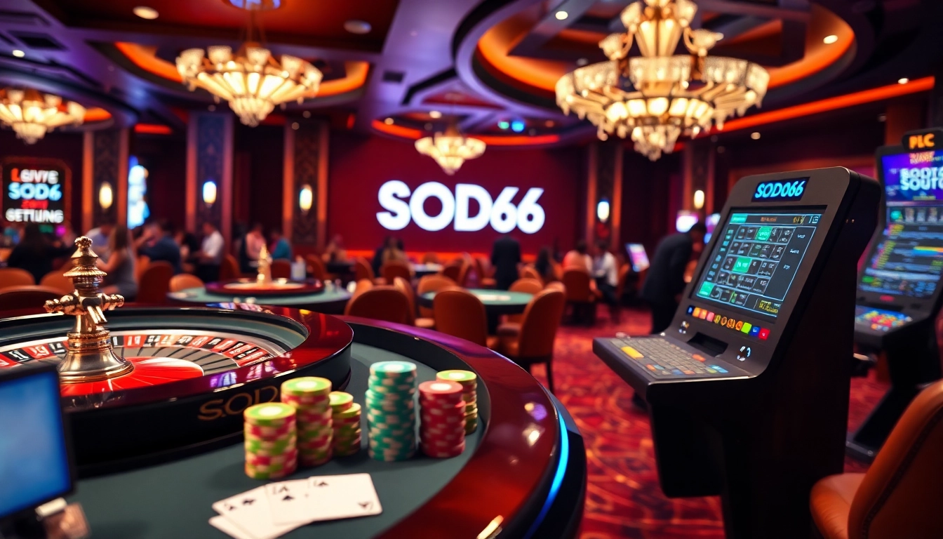 SODO66 features an exciting casino scene with poker chips, roulette, and betting terminals.