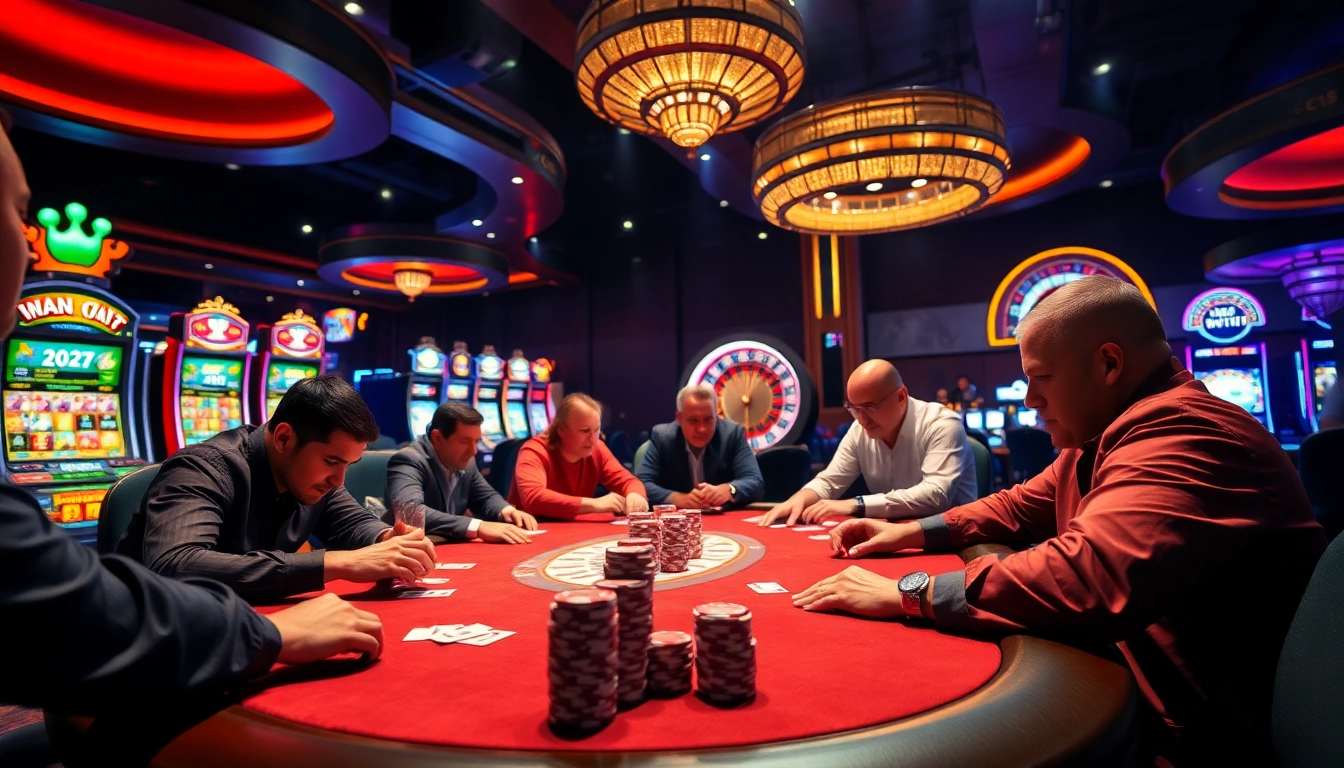 Engaging poker action at nhà cái max88 with vibrant casino elements and players focused on winning.