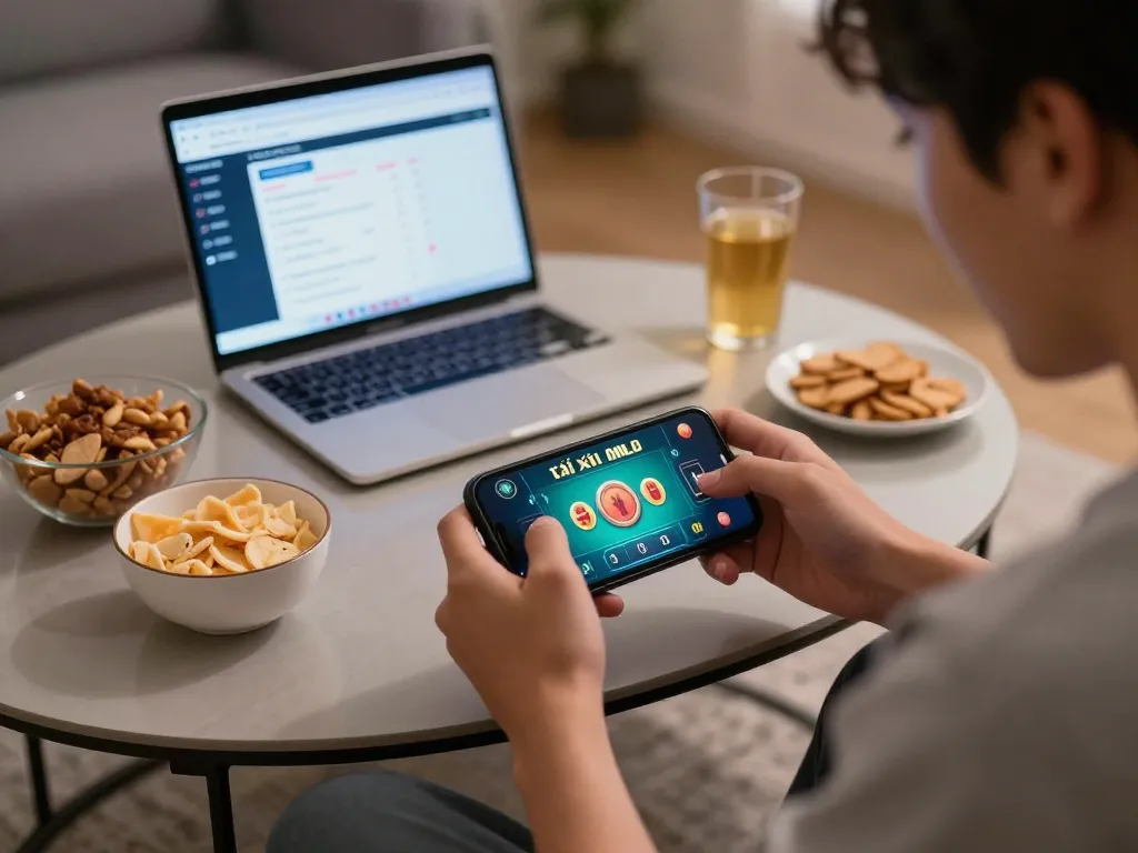 Playing tài xỉu online on a smartphone during a cozy game night with snacks