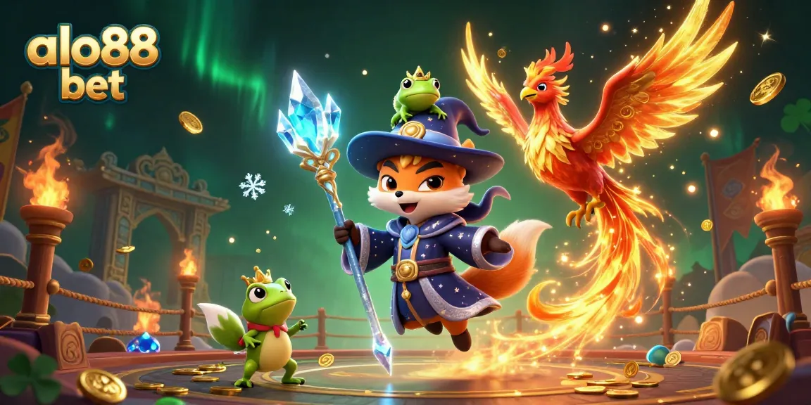 Experience thrilling gaming with alo88 bet in a mystical 3D casino setting featuring a wizard fox and phoenix.