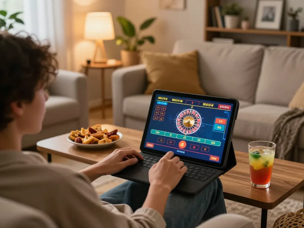 Engaged player enjoying MM88 online roulette game on tablet, snacks and drink nearby.