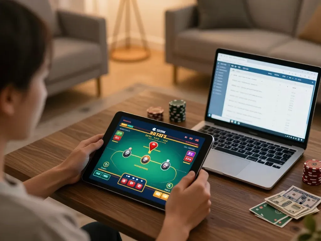 Person expertly managing their bankroll while playing debet online casino games in a cozy living room.