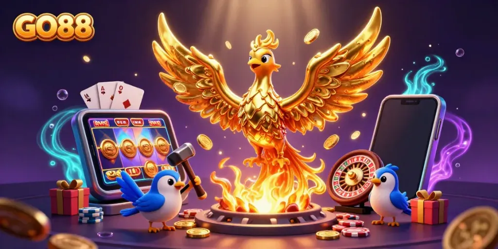 Experience the thrill of GO88 with a molten gold phoenix, dynamic game elements, and rich casino visuals.