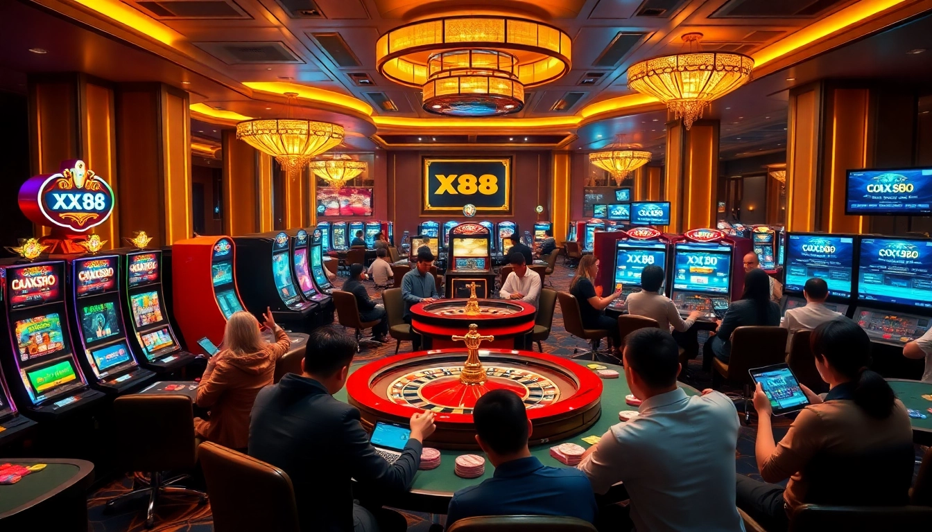 Engagement in thrilling gameplay at xx88 com casino with vibrant slot machines and excited players.