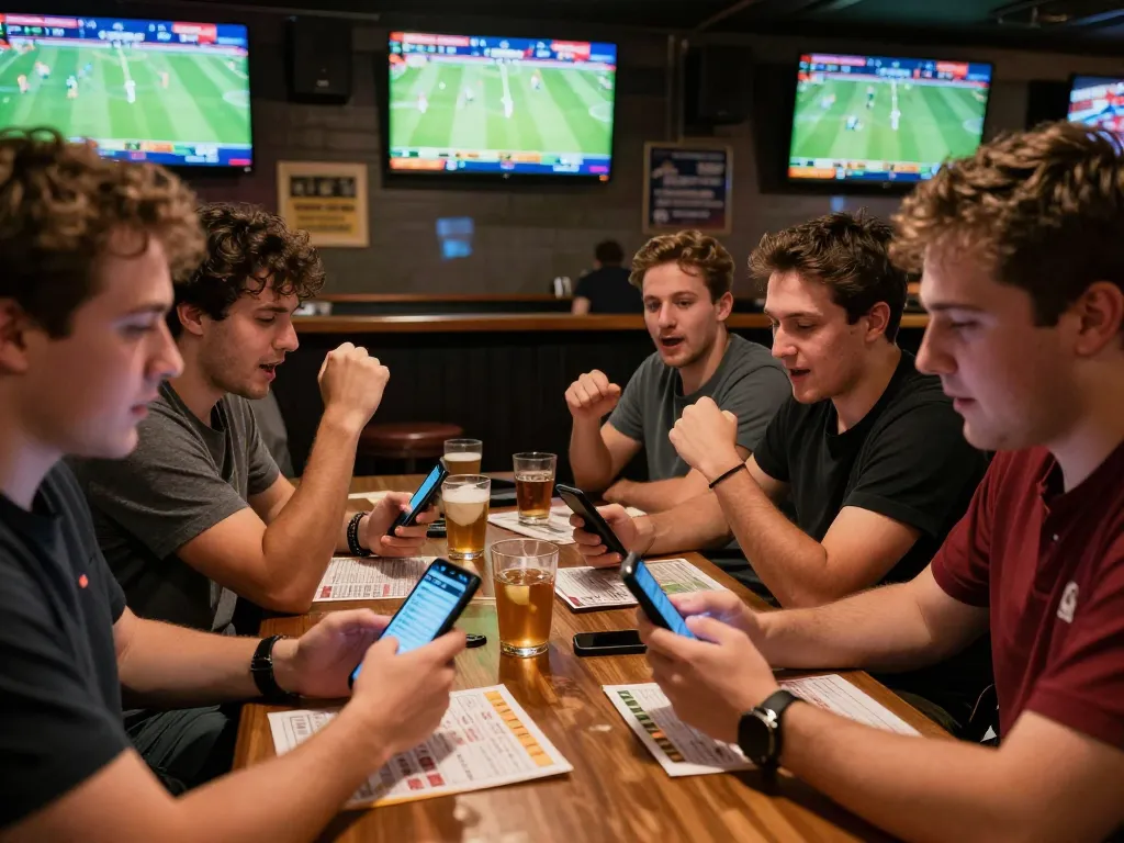 Excited bettors engaging with live sports betting at MAY88, focused on smartphone apps amidst a lively bar atmosphere.