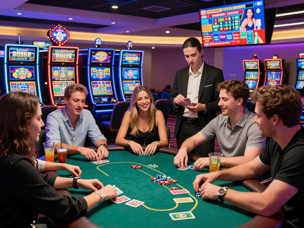KOMBET168 gaming excitement at a lively casino with friends playing poker.