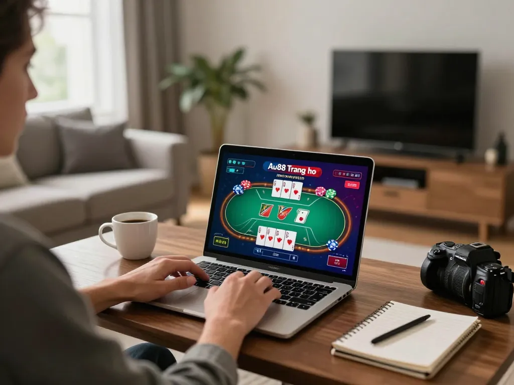 Player engaging with Au88 Trang chủ online casino at home with poker game displayed on laptop