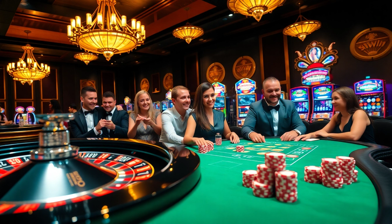 Players enjoying a thrilling game of blackjack with sunwin-branded chips in an upscale casino.