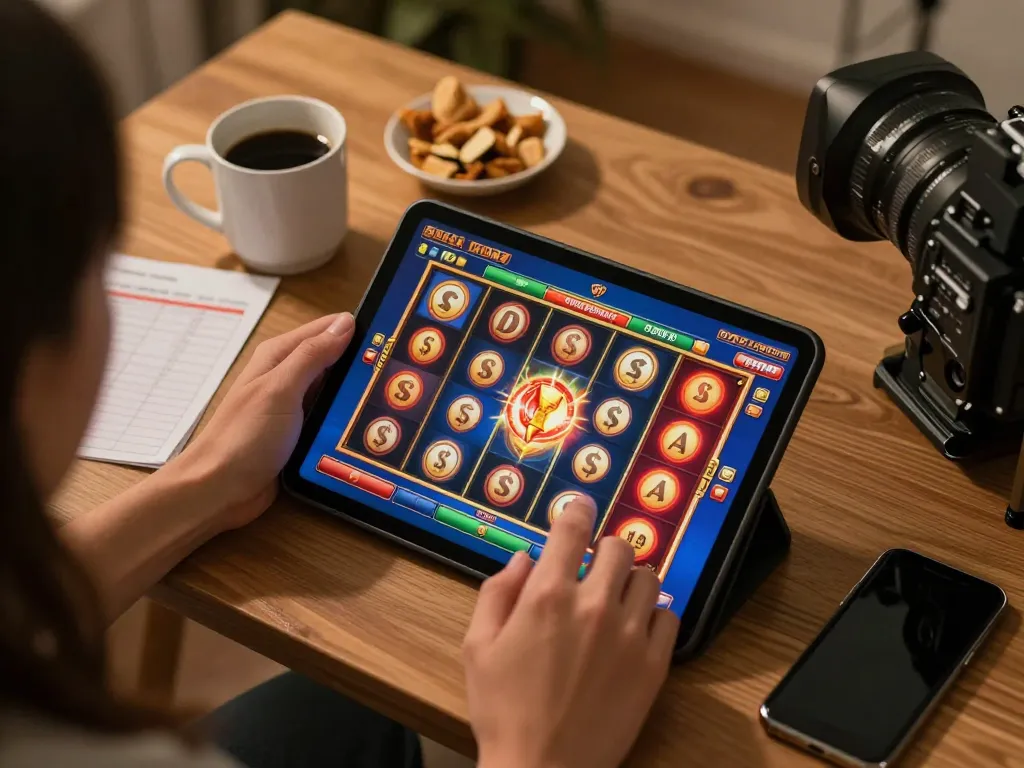 HELLO88 player enjoying a thrilling online slot game on tablet in cozy home setting.