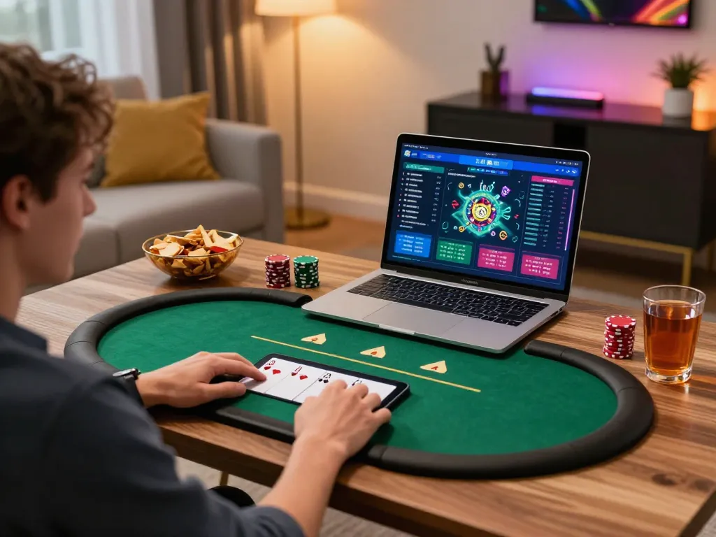 Engaging in an online poker game with 89bet2 in a stylish home setting, illustrating strategic gameplay.