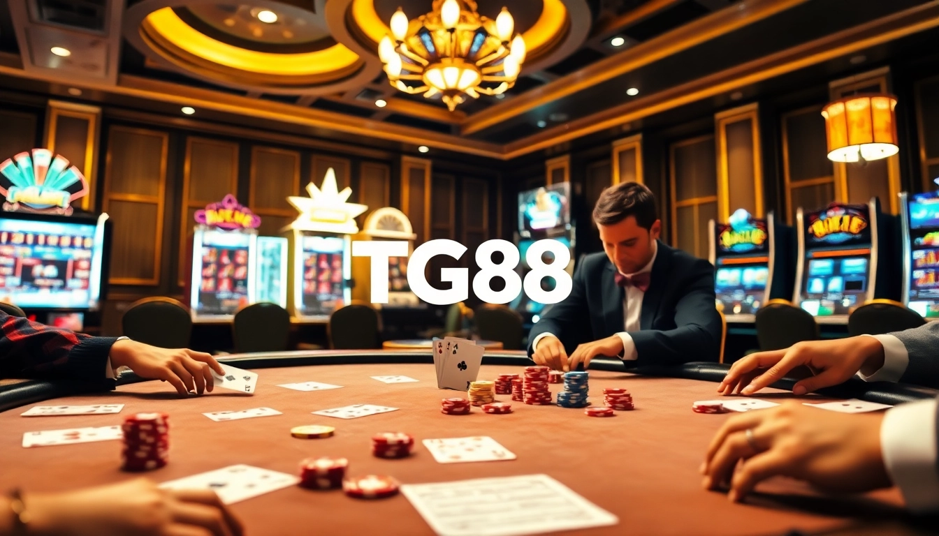 Players engaged in an exciting poker game at a TG88-branded casino table.