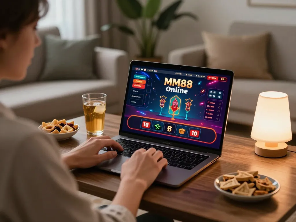 Engaging in online gameplay at MM88, enjoying the immersive casino experience with a laptop.