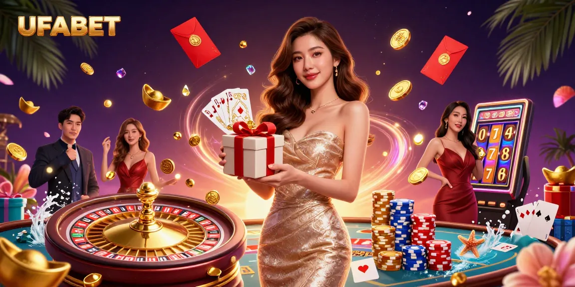 Experience the excitement of UFABET with vibrant casino elements and a festive design celebrating winnings.