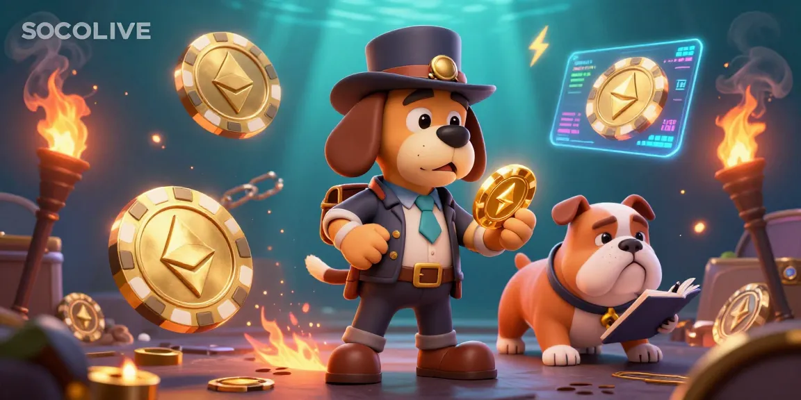 SOCOLIVE showcases a detective bloodhound examining clues amid vibrant Bitcoin and Ethereum elements, embodying a rich gambling scene.