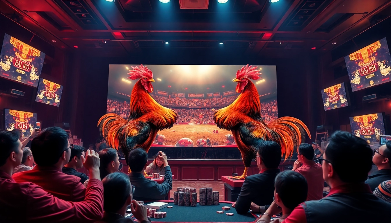 Alo789 Đá gà trực tiếp live betting scene with engaged spectators and high-definition match display.