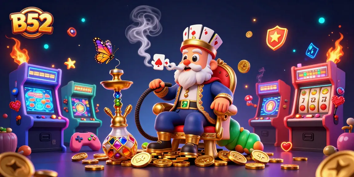 B52 casino adventure with a sultan caterpillar, poker symbols, and slot elements in a vibrant, playful scene.