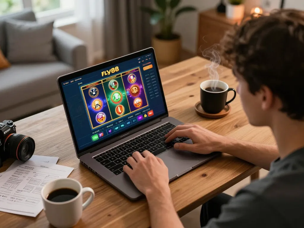 Engaging gaming moment on the fly88 app showcases vibrant slot options in a cozy setting.