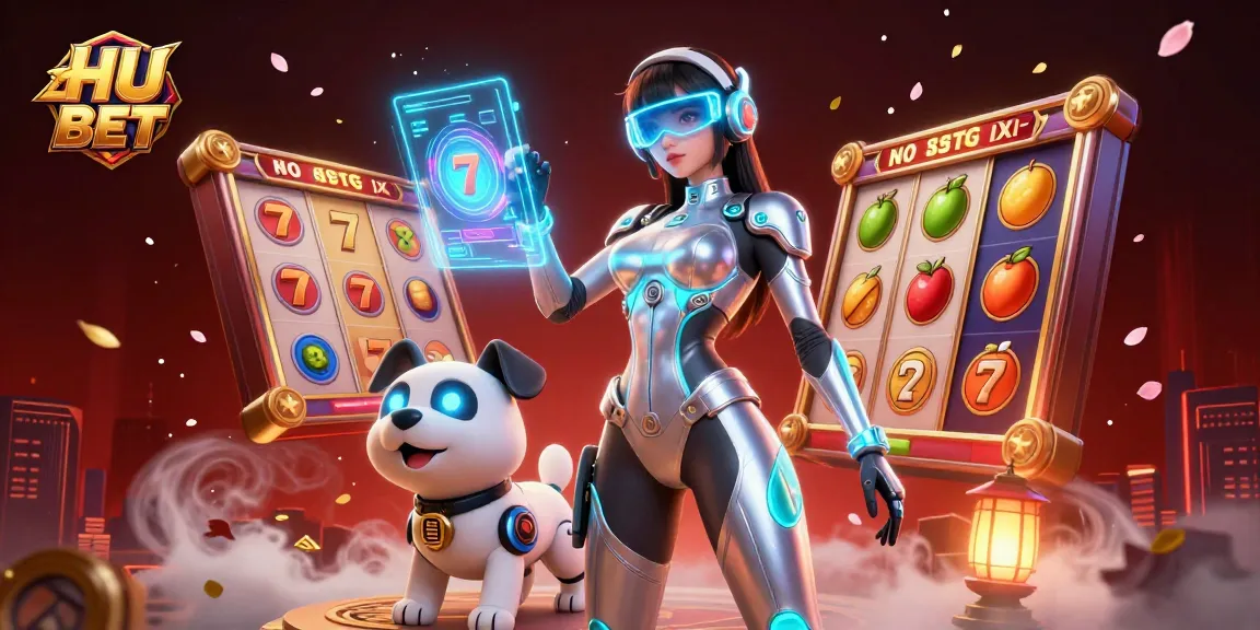 Spin winning slots at HU BET with an ultra-detailed 3D illustration of a futuristic woman and robot dog amidst vibrant casino elements.