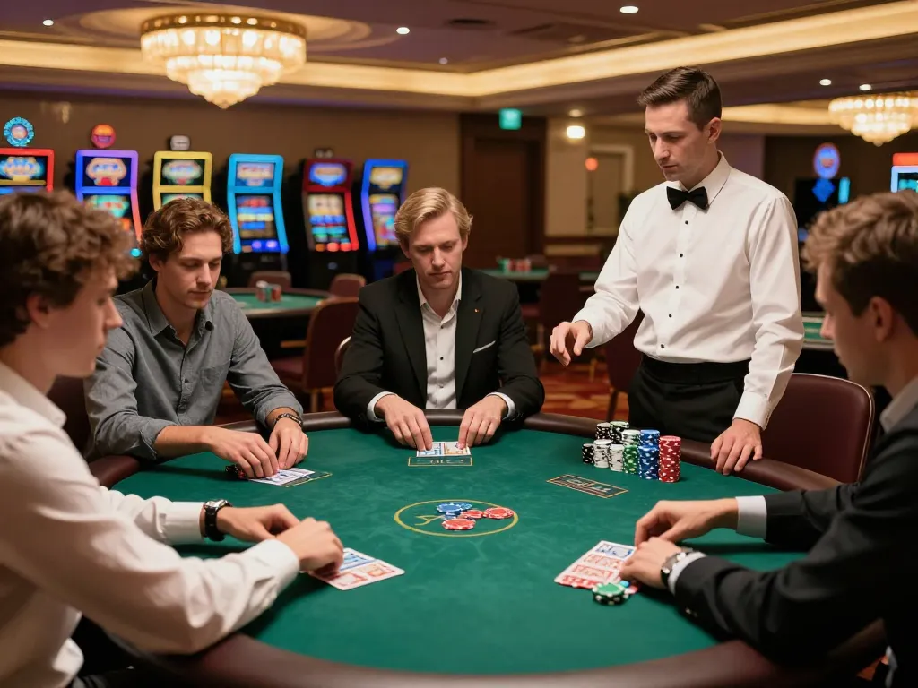 iwin club poker players intensely strategizing their bets at an upscale casino table.