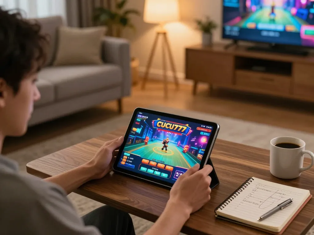 Engaging with CUCU777 online casino game on a tablet, showcasing a cozy gaming environment