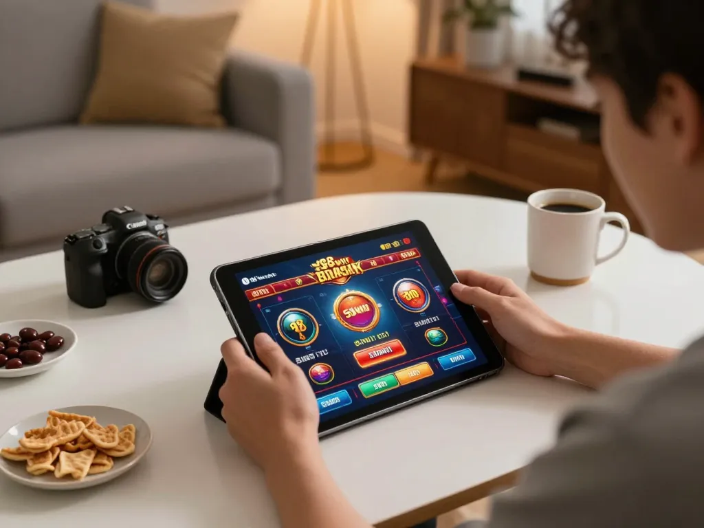 Player engaging with online casino game at home setup with 58win tablet interface.