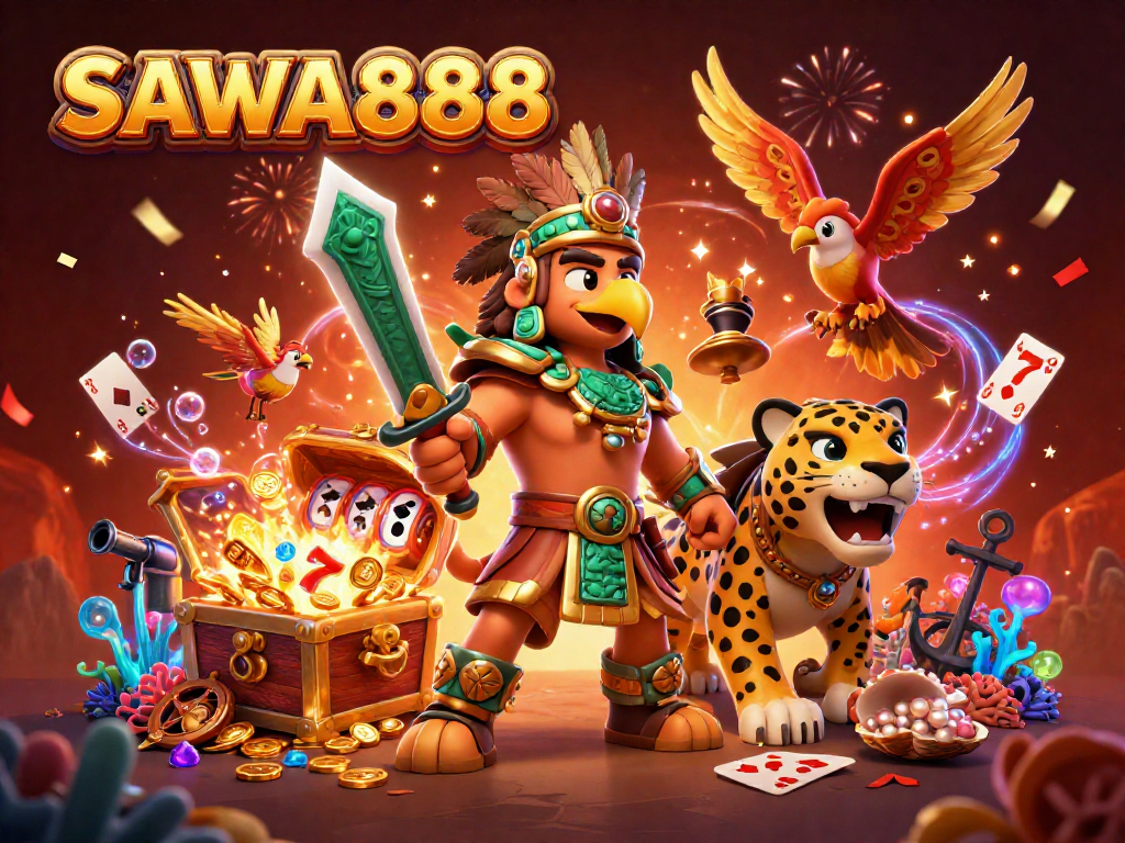 SAWA888 players engage in exciting slots action with vibrant Aztec warriors and treasure elements.