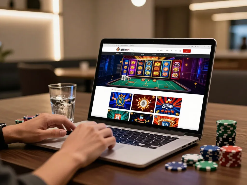 Engaging with online casino games on a laptop, featuring 79king vibrant gameplay.